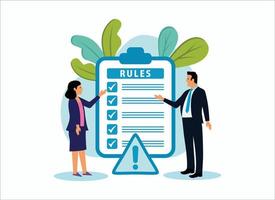 reglas y regulaciones, políticas y pautas para que los empleados las sigan, el empresario termina de escribir el documento de reglas y regulaciones, ilustración plana moderna.