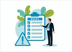 Rules and regulations, policy and guideline for employee to follow, businessman finish writing rules and regulations document, Modern Flat Illustration. vector