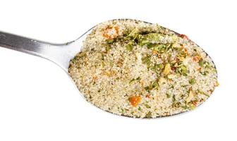 top view teaspoon with seasoned salt with flavors photo