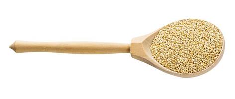 wooden spoon with uncooked quinoa grains isolated photo