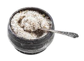 silver salt cellar with spoon with seasoned salt photo