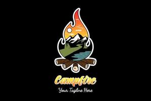 Campfire Bonfire Sky Pine Evergreen Spruce Conifer Larch Cypress Fir Forest with Lake Creek River for Outdoor Camp Adventure T Shirt Logo Design vector