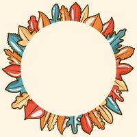 Autumn leaves frame, circular shape with different kind of leaves around, copy space. Cute vector illustration in flat cartoon style, banner template Background with circle for your text. Photo frame.