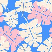 Seamless summer pattern with a pink and white leaves of monstera on blue background. vector