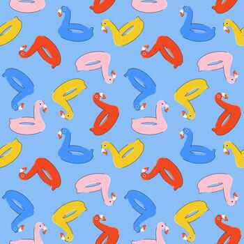 Seamless summer pattern with colorful inflatable rubber flamingos in bright blue, red, pink, yellow colors in flat style. For print, package, wrapper, background. vector