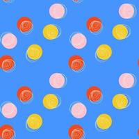 Abstract seamless pattern with yellow, red, pink circle and beige doodle on blue background. For textile, background, wrapper vector