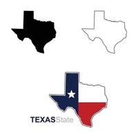 Set of Texas map vector. Solid black shilouette, black outline, texas map with flag. vector