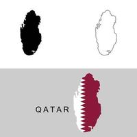 Set of Qatar map vector. Black Solid Shilouette, Black Outline, Map with Qatar Flag. vector