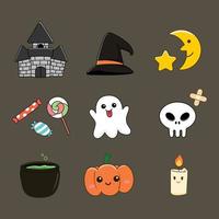 Set of Halloween cute cartoon character. Castle, ghost, skull, pumpkin, candy and more. Vector illustration