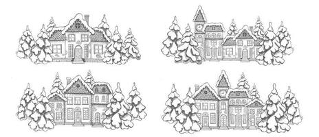 tarjeta de felicitación de navidad. ilustración de casas. conjunto de edificios dibujados a mano. vector