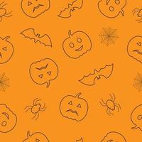 Seamless pattern of black pumpkins, bats, spiders on orange background. Line art design. vector