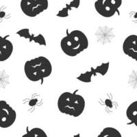 Seamless pattern of black pumpkins, bats, spiders on white background. Halloween background for autumn decorative design. Vector illustration