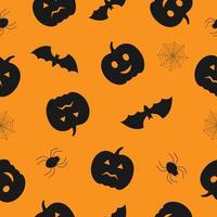 Seamless pattern of black pumpkins, bats, spiders on orange background. vector