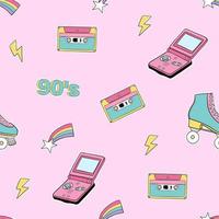 Seamless pattern of different retro elements on pink background. Roller Skates, cassette, star, lightning and other elements. Hand drawn vector illustration. Comic style 80s and 90s