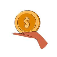 Hand with coin. Money transfer, lack of money, receive, hold concept. Vector flat illustration.