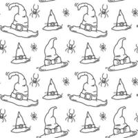 Halloween seamless pattern with witch hat and spider. vector