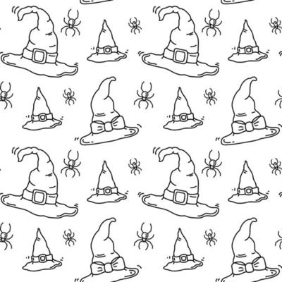 Halloween seamless pattern with witch hat and spider.