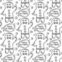 Trick or treat seamless pattern. Scary gingerbread. Hand drawn line art. Vector doodle cartoon.