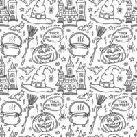 Halloween pattern with pumpkin, castle, witchcraft. Scary autumn background. vector