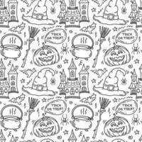 Halloween pattern with pumpkin, castle, witchcraft. Scary autumn background. vector