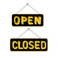 Set of open and closed signs. Signs with rope on a white background. Vector 3D illustration.