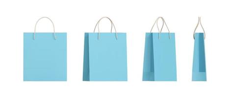 Set of 3d blue paper shopping bags packaging with different angles. Front and side view of retail purchase packaging, blank mockup. Realistic vector illustration isolated
