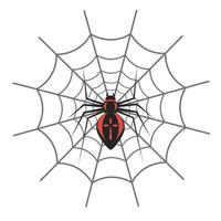 A black spider in the center of the web with a red cross vector