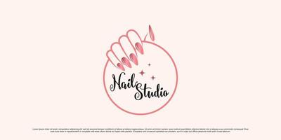 Nail and manicure logo design for nail salon with emblem style and creative element Premium Vector
