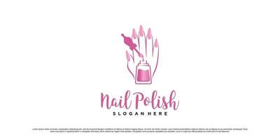diseño de logotipo de esmalte de uñas y manicura con manos de mujer e icono de botella vector premium
