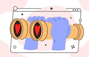 Hands holding binoculars. Concept of searching love in internet. Eyes with red hearts full of love. meeting website. Flat vector illustration