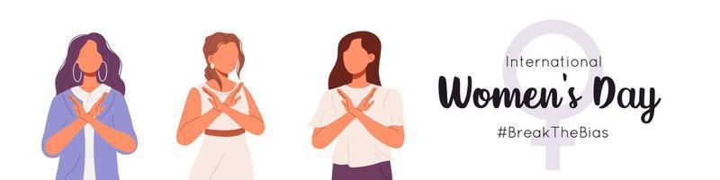 Women's international day banner. Horizontal poster with a group of womens of different ethnic group crossed their arms. Break the bias campaign. Flat vector illustration