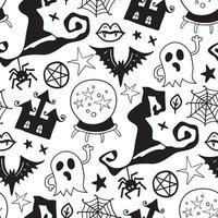 Monochrome seamless pattern of horror Halloween hand drawn doodle elements. vector