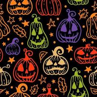 patrón transparente multicolor brillante de calabaza de halloween de dibujos animados en negro vector