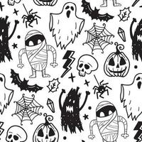 monocromo de patrones sin fisuras de elementos de garabato dibujados a mano de horror halloween. vector