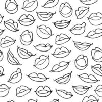 Vector Monochrome seamless pattern with contour sketch lips on white background.