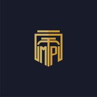 logotipo de monograma inicial de mp elegante con diseño de estilo de escudo para mural de juegos de bufete de abogados vector