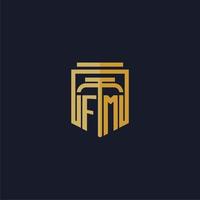 logotipo de monograma inicial de fm elegante con diseño de estilo de escudo para mural de juegos de bufete de abogados vector