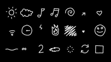 Set of hand drawn white doodle sketch on a black background. Looped motion graphics.Doodle loop animation. video