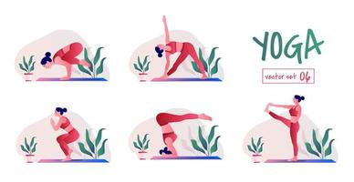 conjunto de ejercicios de yoga. mujer joven practicando posturas de yoga. mujer entrenamiento fitness, aeróbicos y ejercicios. vector