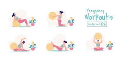 Prenatal Pregnancy Workouts set. stability ball exercises. Working out and fitness, pregnancy concept. Vector illustration.