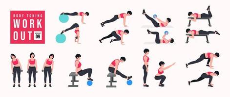 Body Toning Workout Set. Women doing fitness and yoga exercises. Lunges, Pushups, Squats, Dumbbell rows, Burpees, Side planks, Situps, Glute bridge, Leg Raise, Russian Twist, Side Crunch .etc vector