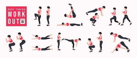 Conjunto de ejercicios para tonificar el cuerpo. mujeres haciendo ejercicios de fitness y yoga. estocadas, flexiones, sentadillas, filas con mancuernas, burpees, tablones laterales, abdominales, puente de glúteos, levantamiento de piernas, giro ruso, abdominales laterales, etc. vector