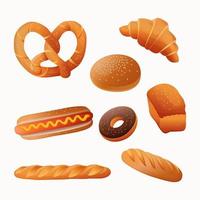 establecer iconos de pan vectorial. pretzel, pan, hot dog, croissant, pan de hamburguesa, donut, baguette francés, etc. conjunto de vectores de productos de panadería.