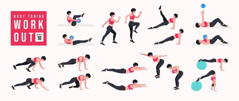 Body Toning Workout Set. Women doing fitness and yoga exercises. Lunges,  Pushups, Squats, Dumbbell rows, Burpees, Side planks, Situps, Glute bridge,  Leg Raise, Russian Twist, Side Crunch .etc 11401514 Vector Art at Vecteezy
