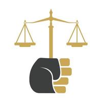 escalas de justicia en el diseño de la plantilla del logotipo de la mano. concepto del logo de la justicia revolucionaria. vector