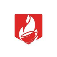 diseño de logotipo de café tostado caliente con llama de fuego. logo de cafetería caliente con taza de taza y diseño de icono de llama de fuego. vector