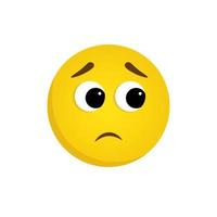 Sad emoji looking to the side. Vector yellow face isolated on a white background with big eyes, raised eyebrows, and sad sad mouth