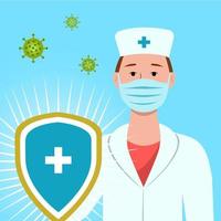 Vector illustration doctor with mask and shield on a blue background. Medical protection concept