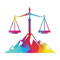 Mountains and symbols of justice. Law scale logo concept design. vector