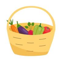 Vector illustration with a straw basket of vegetables isolated on a white background. Autumn harvest concept